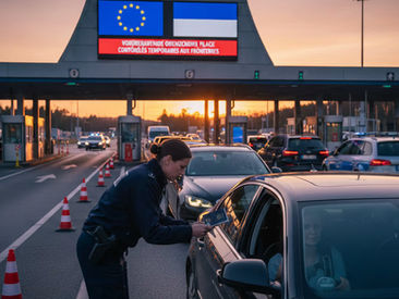 A Schengen border control officer checking a car passport at a German land border crossing, with a digital sign displaying 'Temporary Border Checks' in the background, illustrating the 2026 internal border extensions.