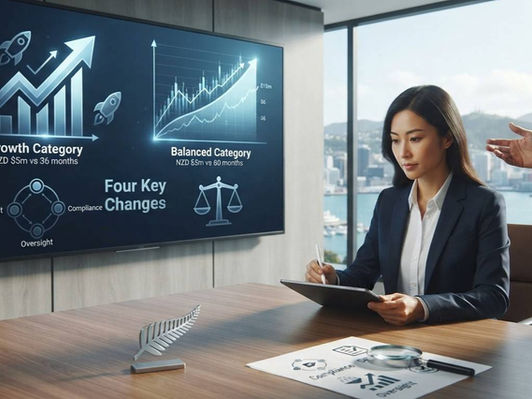 New Zealand Active Investor Plus Visa changes September 2026 infographic showing four key changes: investment deployment plans for managed funds, six-month stand-down for declined applications, enhanced Invest NZ oversight powers, and clearer Growth and Balanced category guidance.
