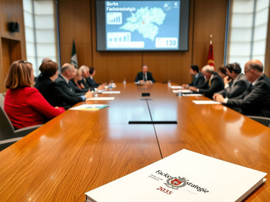 Berlin government officials at Rotes Rathaus adopting Fachkräftestrategie 2035 skilled workers strategy document.