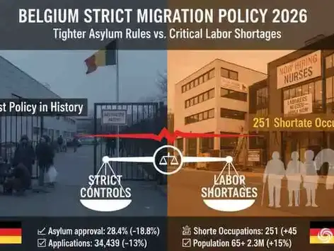 Belgium Strict Migration Policy 2026 infographic showing asylum reception center with restricted access on left versus labor shortage sectors healthcare construction and IT on right with 251 shortage occupations and 28.4 percent asylum approval rate
