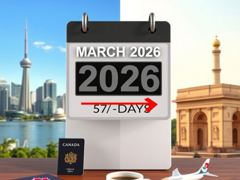 Canada Place Vancouver and India Gate New Delhi with digital calendar showing Canada Visitor Visa Processing Time for Indians Drops to 57 Days March 2026.