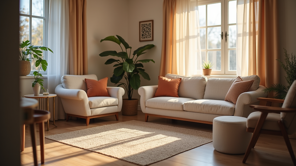 Eye-level view of a cozy therapy room with comfortable seating
