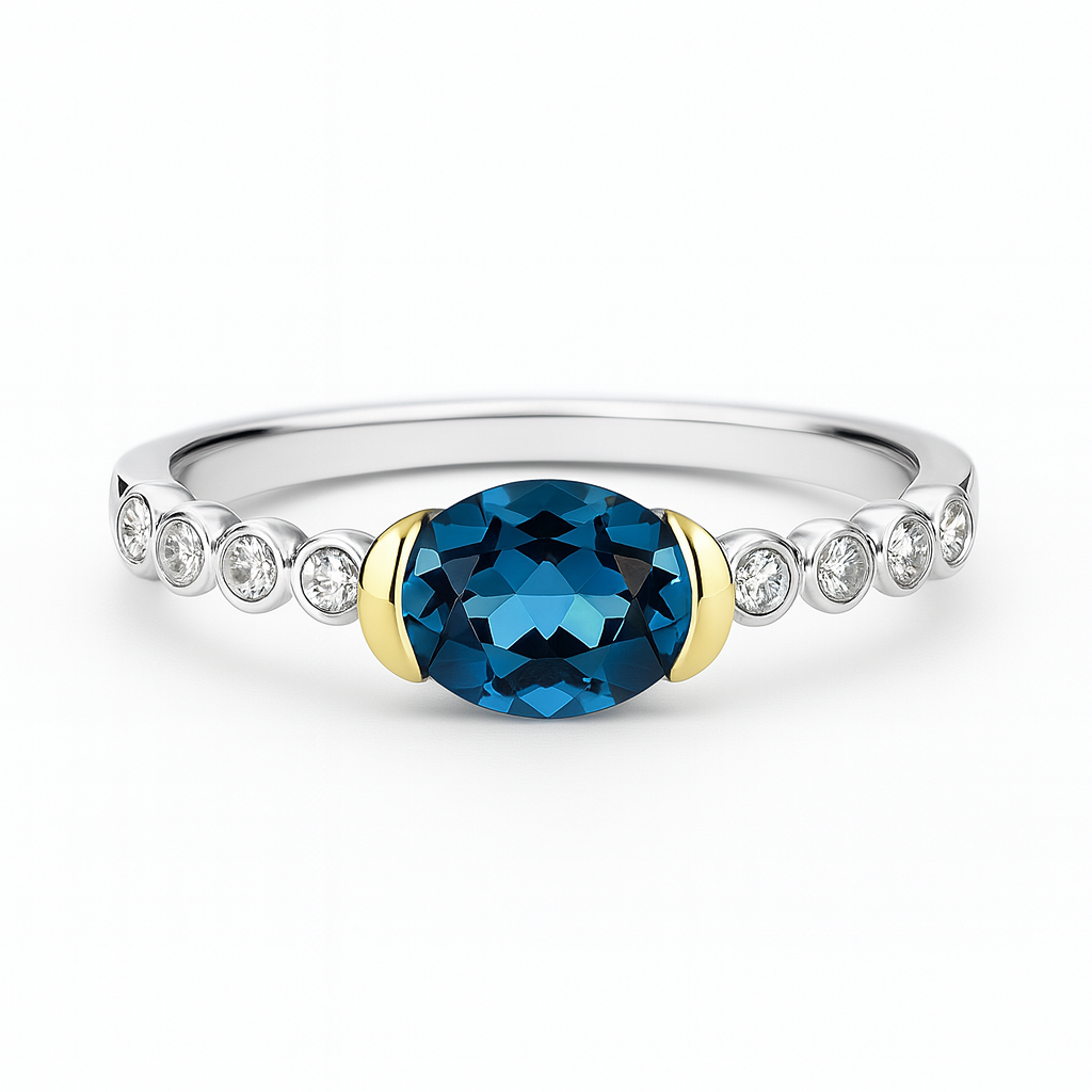 14kt Two-Tone Blue Topaz Diamond Bezel Ring