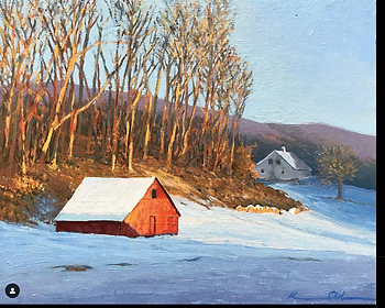 A snowy scene of a vibrant red bard set amidst the rolling mountains of Virginia.