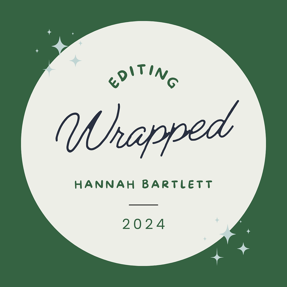 a white circle on a dark green background. the text says "editing wrapped, hannah bartlett, 2024"