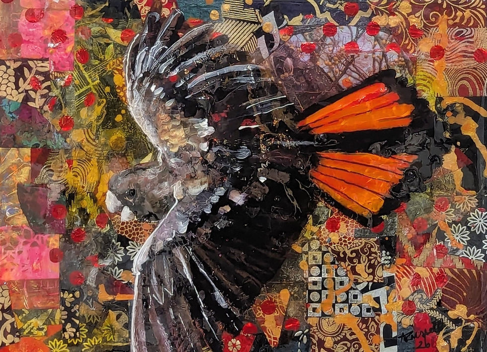 Eye-level view of a mixed media artwork featuring natural textures and vibrant colours