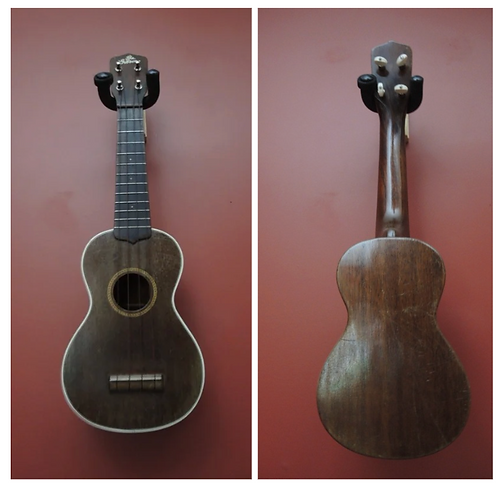 1930s Gibson‑style Uke‑2 ukulele with mahogany body, white ivoroid binding, and intricate sound hole marquetry. Rosewood