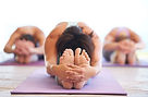 group fitness class performing forward bend yoga stretch 