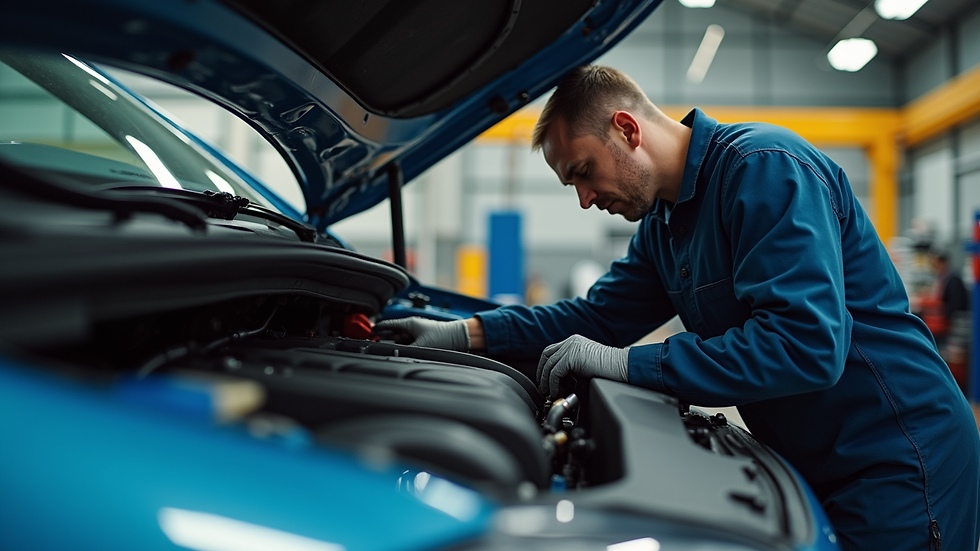 Eye-level view of a mechanic performing a car tune-up