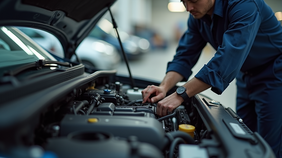 Close-up view of a mechanic inspecting a car engine
