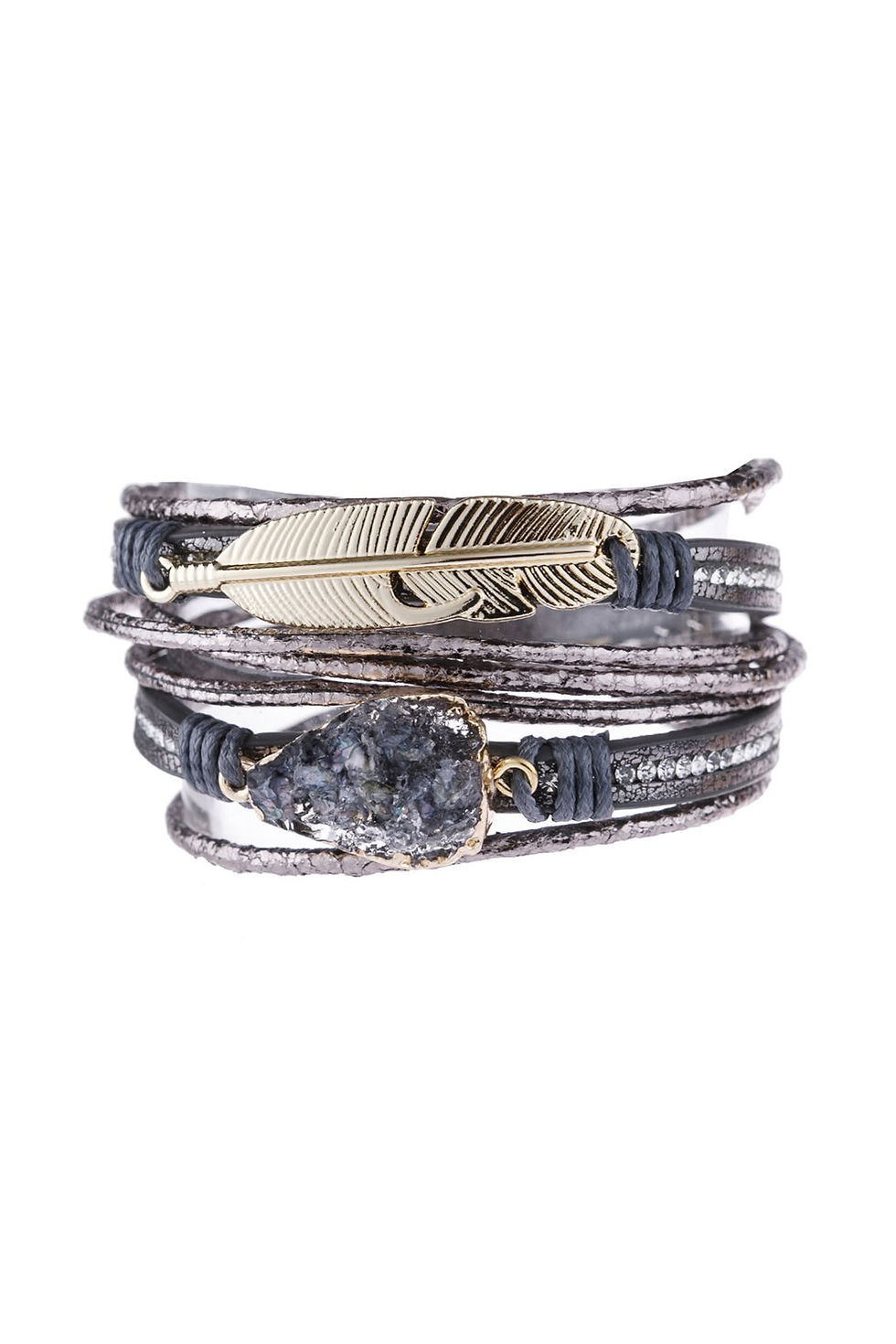 Thumbnail: *Feather Druzy Leather Wrap Magnetic Bracelet