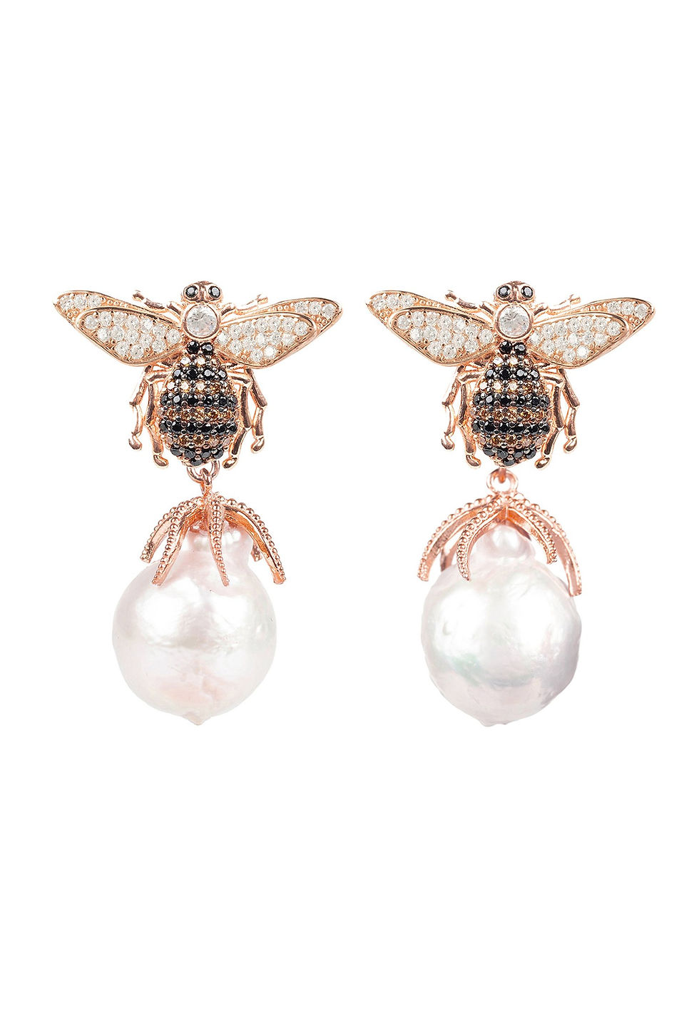 Baroque Pearl Honey Bee Drop Earring Rosegold