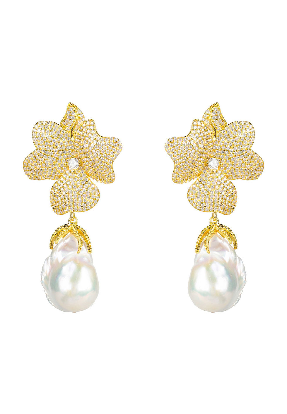 Baroque Pearl White Flower Earring Yellow Gold