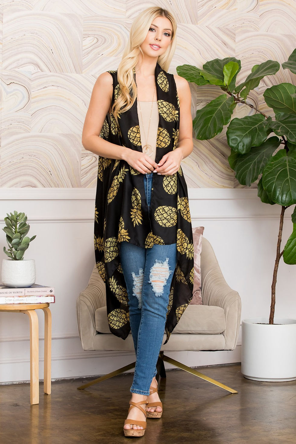 Hdf2660bk - Black Pineapple Printed Open Front Kimono