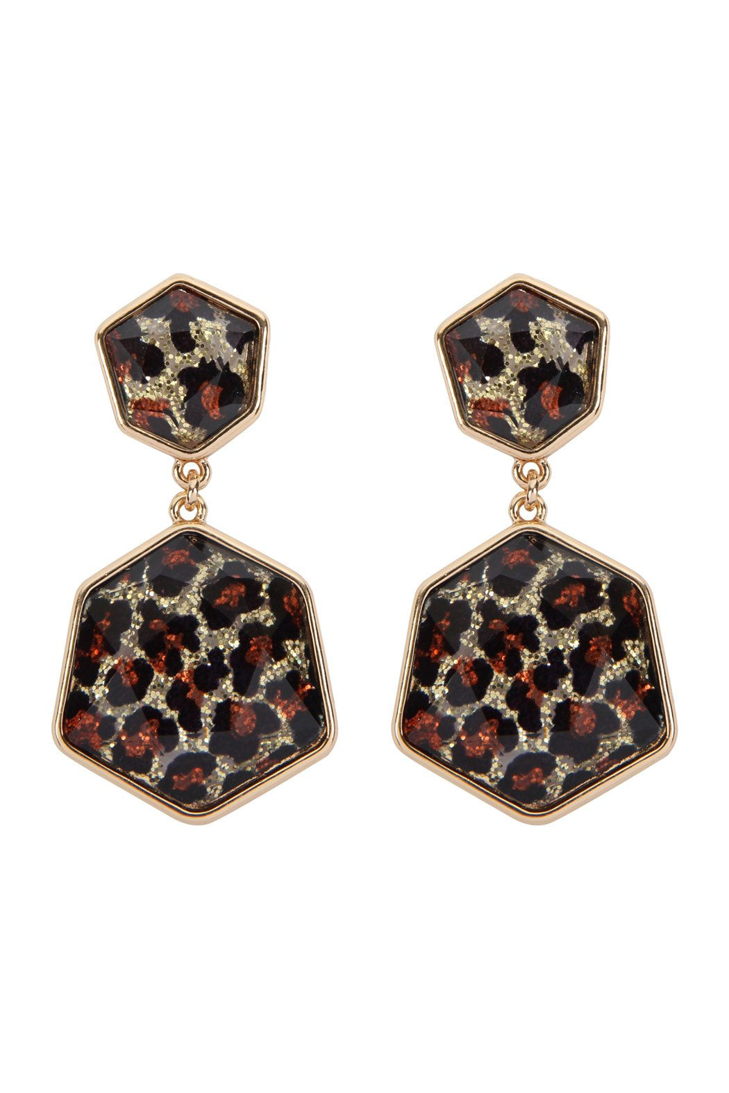 Glitter Gold Leopard Hexagon Post Dangle Earrings