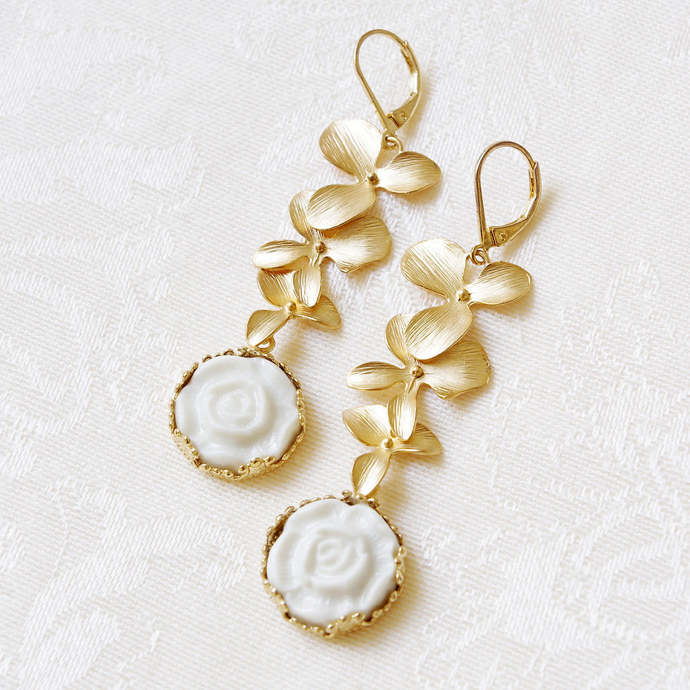 Thumbnail: Porcelain Moonlight Rose and Triple Leaves Drop Earrings