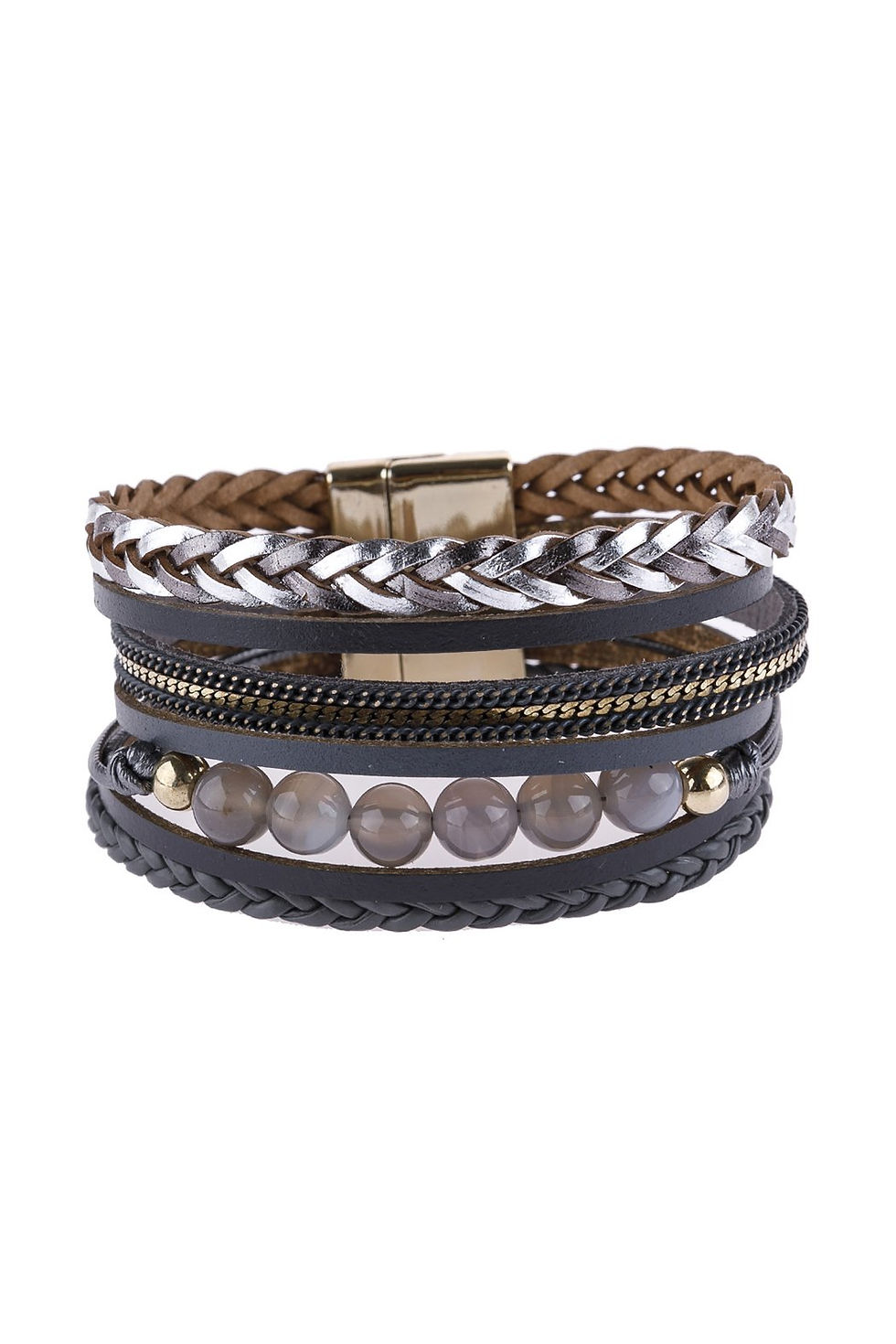 Thumbnail: Hdb2979 - Leather Braided Beads Wrap Magnetic Bracelet