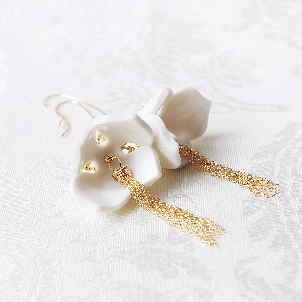 Thumbnail: Porcelain Snowdrop Flower Tassel Earrings