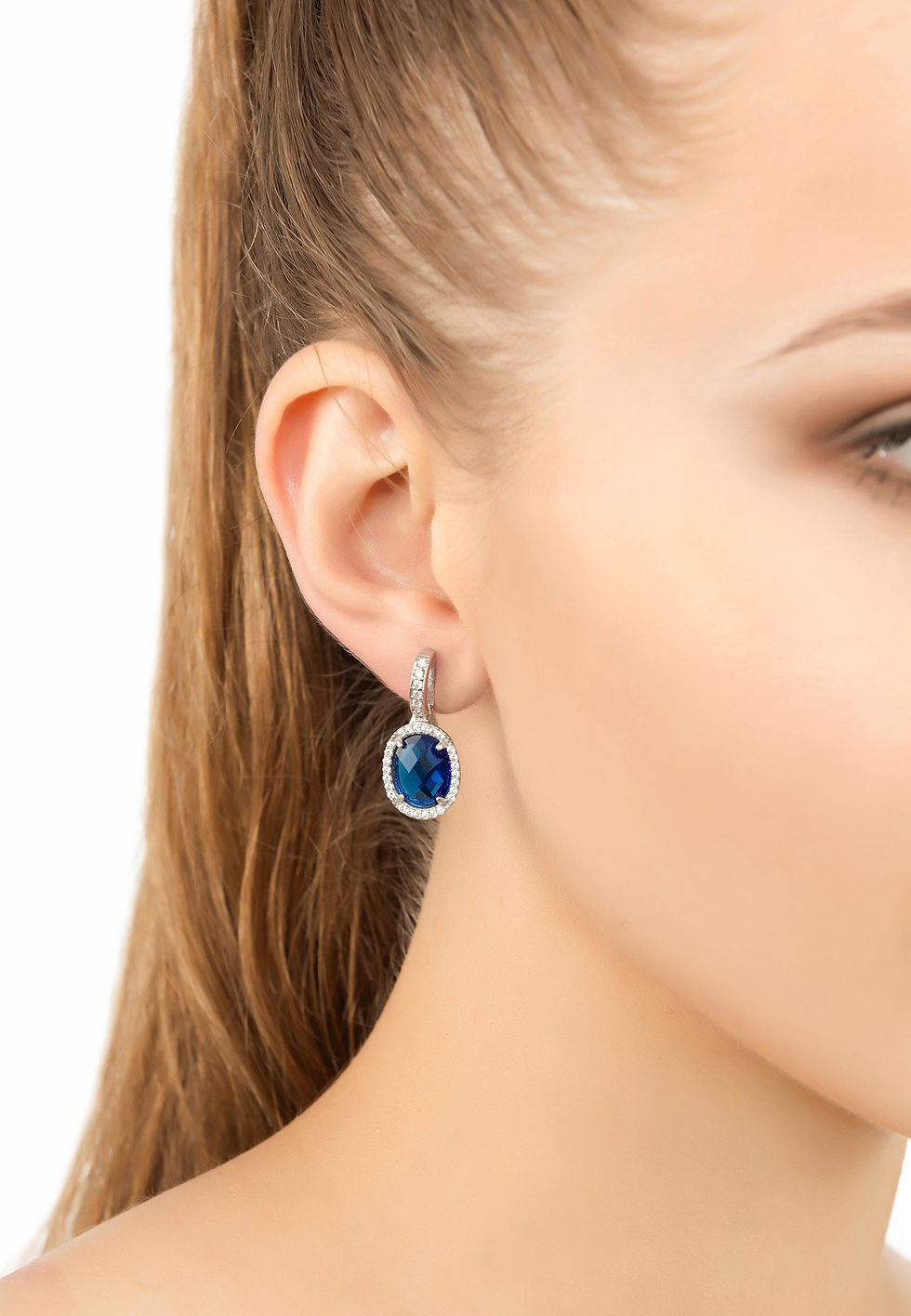 Thumbnail: Beatrice Oval Gemstone Drop Earrings Silver Sapphire Hydro