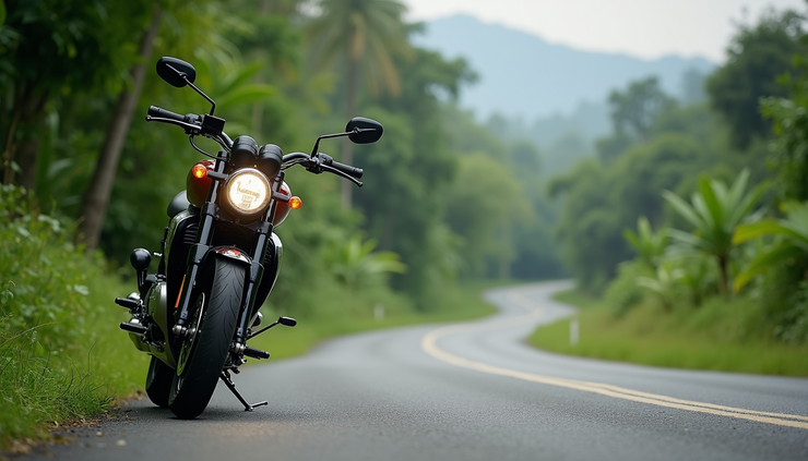 Eye-level view of Triumph Rocket 3R parked on a winding country road in Thailand