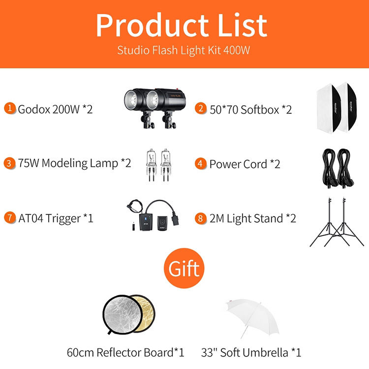 Thumbnail: Godox 400W 2pcs Strobe Studio Flash Light Kit 200Ws Photographic Lighting - Str