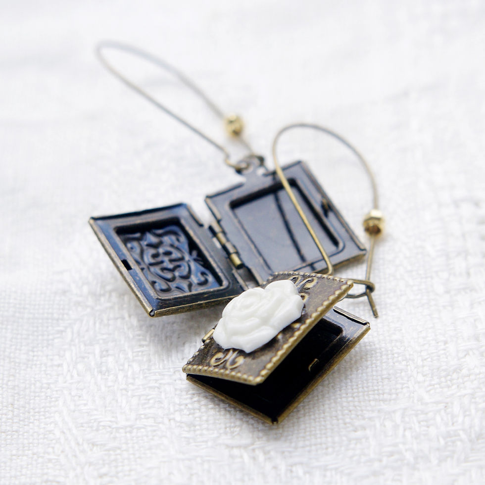 Thumbnail: Classic Porcelain Rose on Vintage Book Locket Earrings