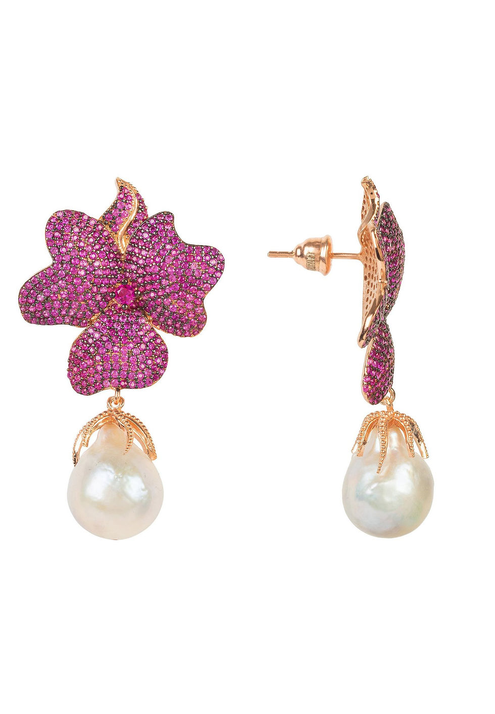 Thumbnail: Baroque Pearl Ruby Red Flower Earring Rose Gold