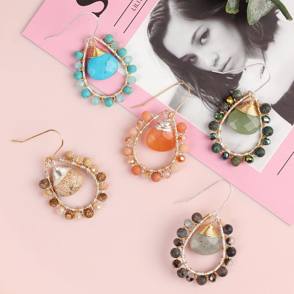 Thumbnail: Hde3097 - Stone Wired Beaded Teardrop Earrings