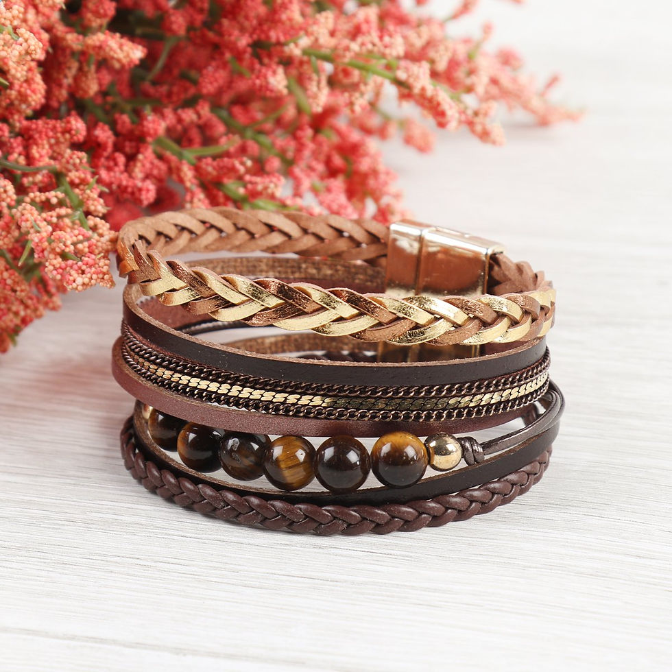 Thumbnail: Hdb2979 - Leather Braided Beads Wrap Magnetic Bracelet