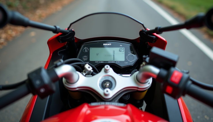 High angle view of Ducati motorcycle dashboard showing advanced electronics and controls