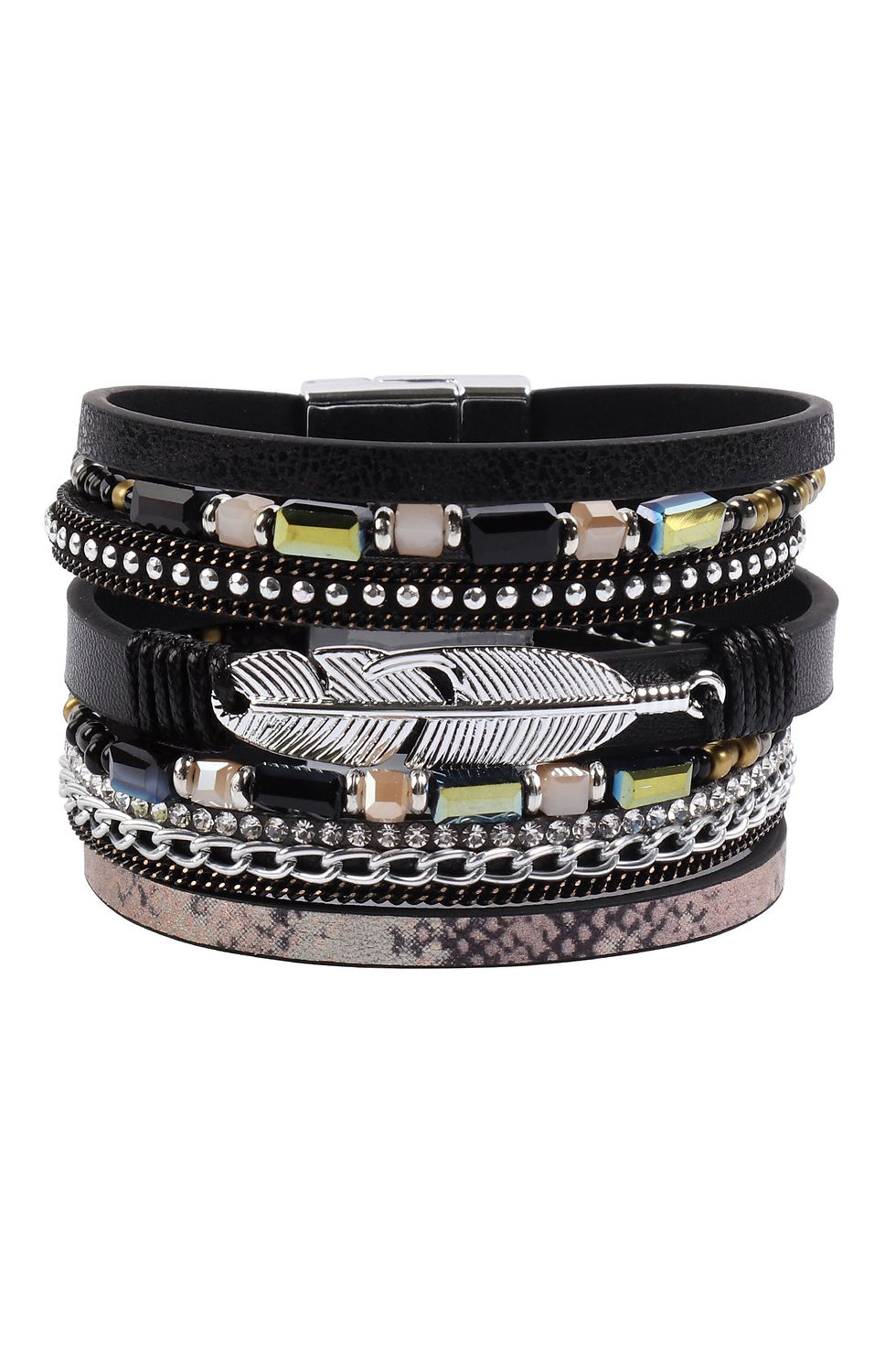 Hdb3158 - Multi Line Leather Feather Charm With Magnetic Lock Bracelet