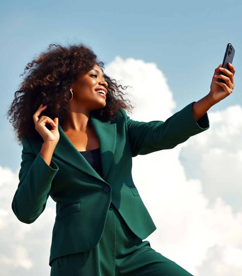 A stylish woman of brown skin tone, with curly dark brown hair, now floating in natural el