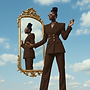 Image of a black woman wearing a brown business suit, looking at her reflection in the mirror