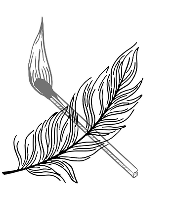 A drawing of a lit match and a feather
