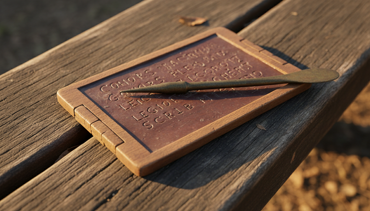 Close-up view of a Roman wax tablet with a stylus and Latin letters