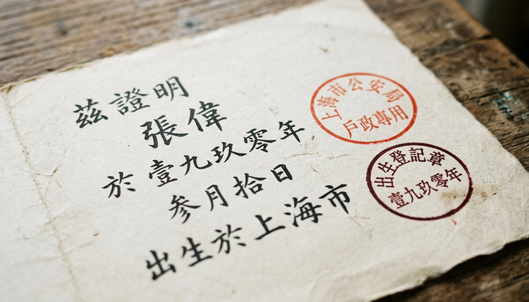 Close-up view of a stamped certificate beside handwritten Chinese characters