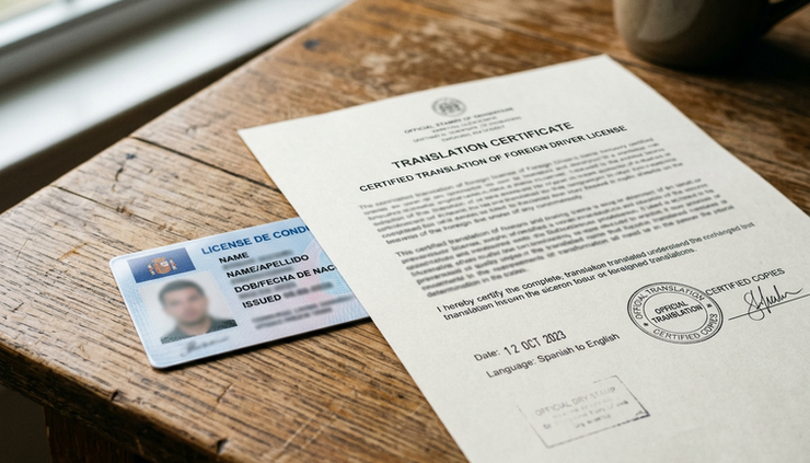 Close-up view of a paper translation certificate beside a generic foreign driver license.