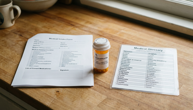 Eye-level view of a medical form and prescription bottle beside a bilingual glossary.