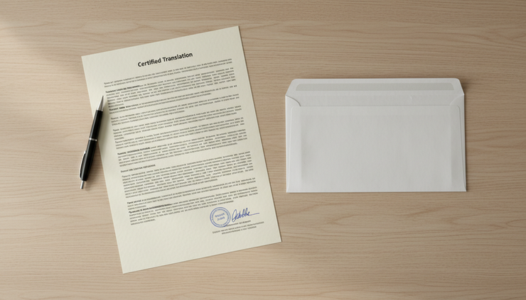 Overhead view of a printed certified translation with a pen and mailing envelope.