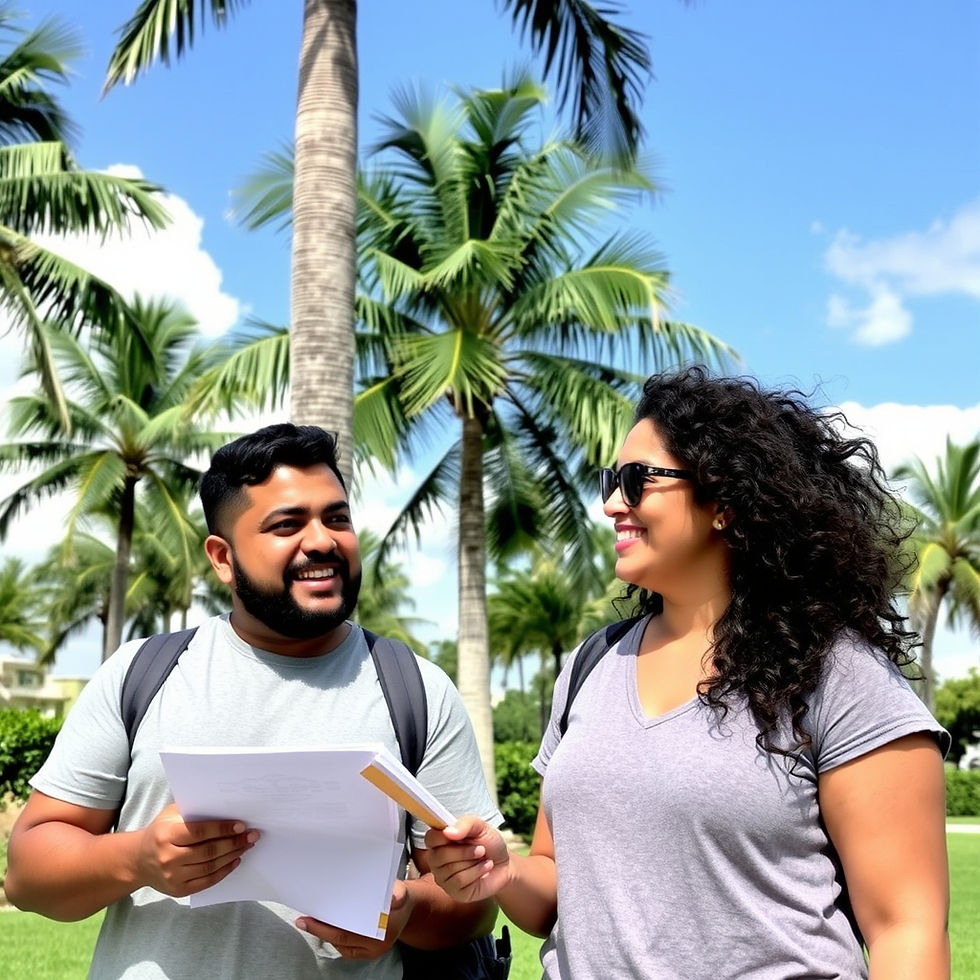 Two people smiling and chatting under palm trees, holding papers. Sunny day with blue sky. Casual attire, backpacks, and relaxed mood.