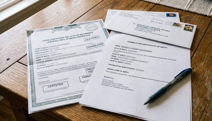 Close-up view of translated civil documents arranged on a wooden home table.