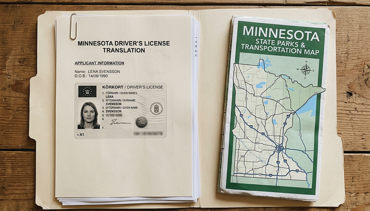 Overhead view of a folder holding a translated license packet and Minnesota map.