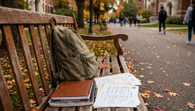 Eye-level view of a student backpack, notebooks, and translated school records on a wooden bench.