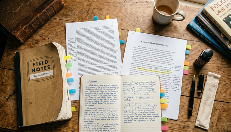 Overhead view of notebooks, translated manuscripts, and a fountain pen arranged on a reading table