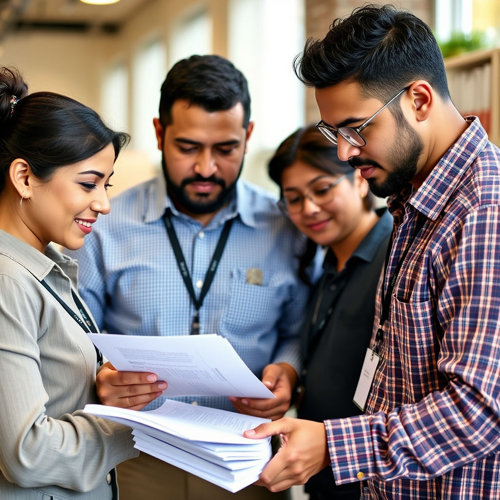 Four colleagues in an office, smiling and reviewing documents together. They wear ID badges and are engaged in a collaborative discussion.