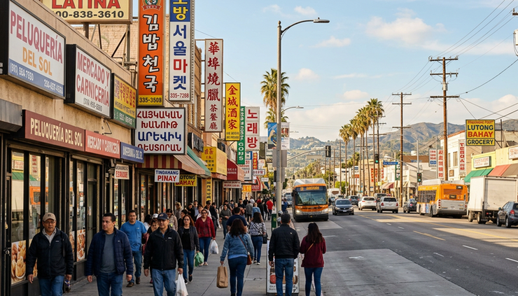 Wide-angle view of a Los Angeles street with multilingual storefront signs.
