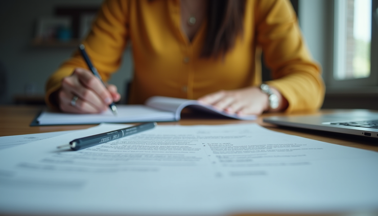 Eye-level view of a translator working on documents with a laptop and papers on a desk