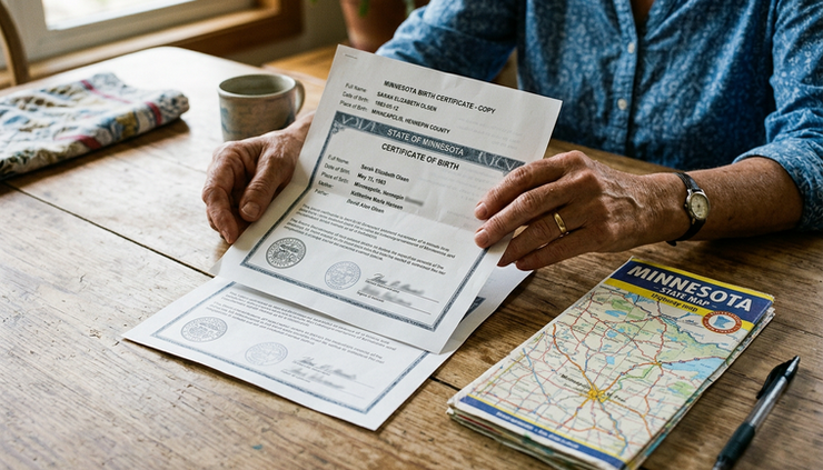 Close-up view of translated certificates held beside a Minnesota state map.