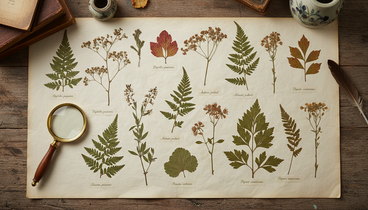 Overhead view of botanical specimens labeled with Latin names on parchment