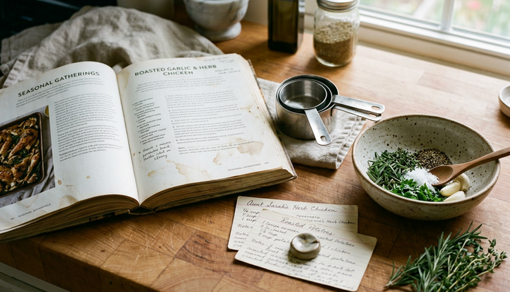 Close-up of a cookbook open beside measuring cups, herbs, and handwritten recipe cards